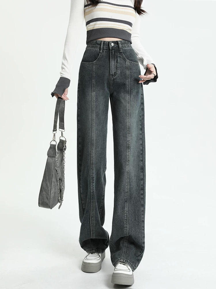 Quần jeans dáng chuông retro ống thẳng cho nữ, size lớn, cạp cao, dáng rộng, dài chấm đất, thích hợp cho đầu thu