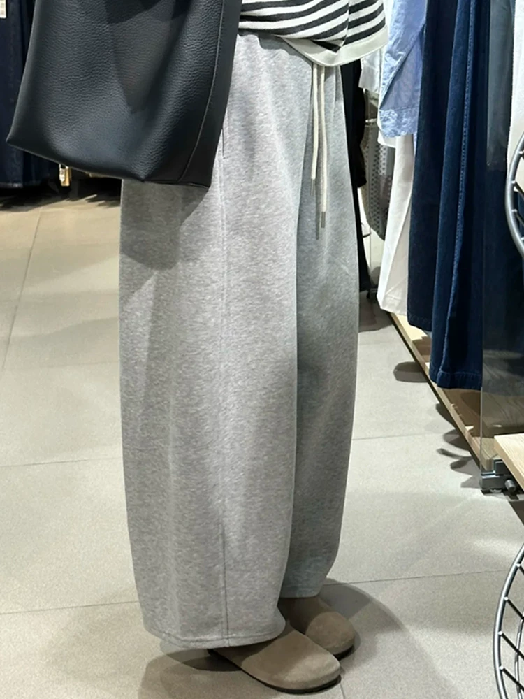 Quần ống rộng màu xám cho nữ, mùa thu, cỡ lớn, lưng cao, quần rộng rãi, quần lửng dáng nhỏ, quần thể thao cây dương
