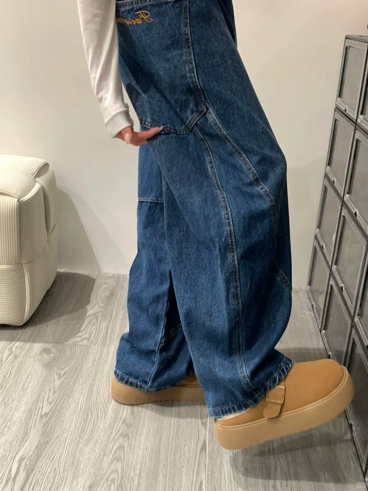 Quần jean kiểu cổ điển Mỹ dành cho nữ, cỡ lớn mùa xuân, cạp cao, dáng rộng, che hông, giảm béo, ống rộng, quần dài đến sàn