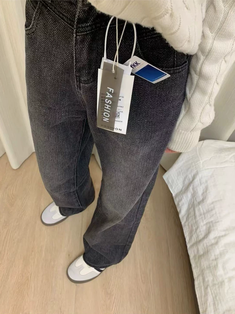 Quần jeans ống đứng màu đen và xám dành cho nữ, thu đông 2024, size lớn, cạp cao, rộng rãi, tôn dáng, dành cho người có dáng quả lê, quần ống rộng