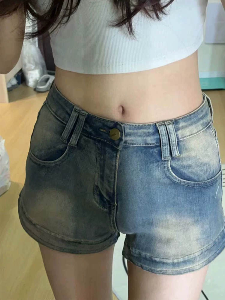 Quần short denim kiểu retro Mỹ dành cho nữ, kiểu dáng mỏng mùa hè, cỡ lớn, lưng cao, co giãn, che hông, quần chữ A tôn dáng.