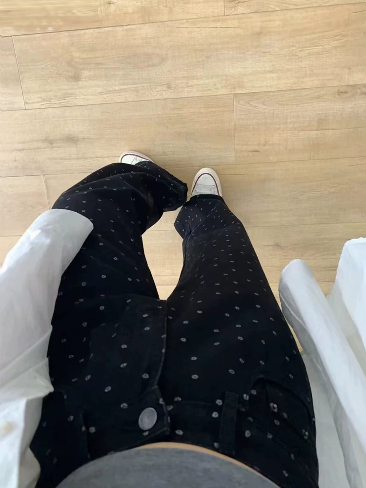 Quần jean ống đứng chấm bi hoa màu đen dành cho nữ, cỡ lớn, lưng cao, dáng rộng, che hông, giảm béo, quần ống rộng