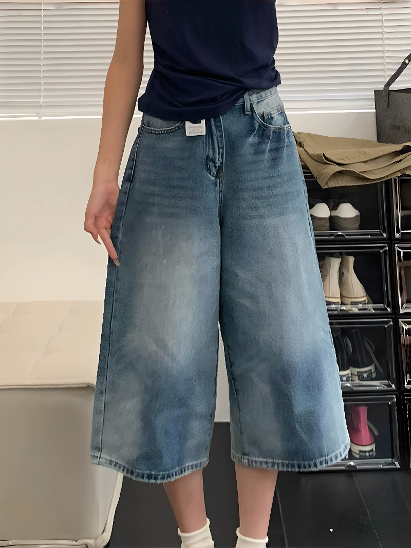 Quần jeans nữ ống rộng, cạp cao, dáng suông, tôn dáng, size lớn, kiểu mới hè 2025, dài đến giữa bắp chân