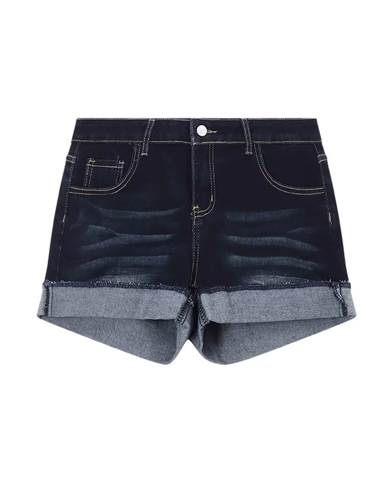 Quần short denim viền xù màu xanh đậm dành cho nữ, size lớn mùa hè, cạp cao, co giãn, tôn dáng, quần ống rộng dáng chữ A gợi cảm.