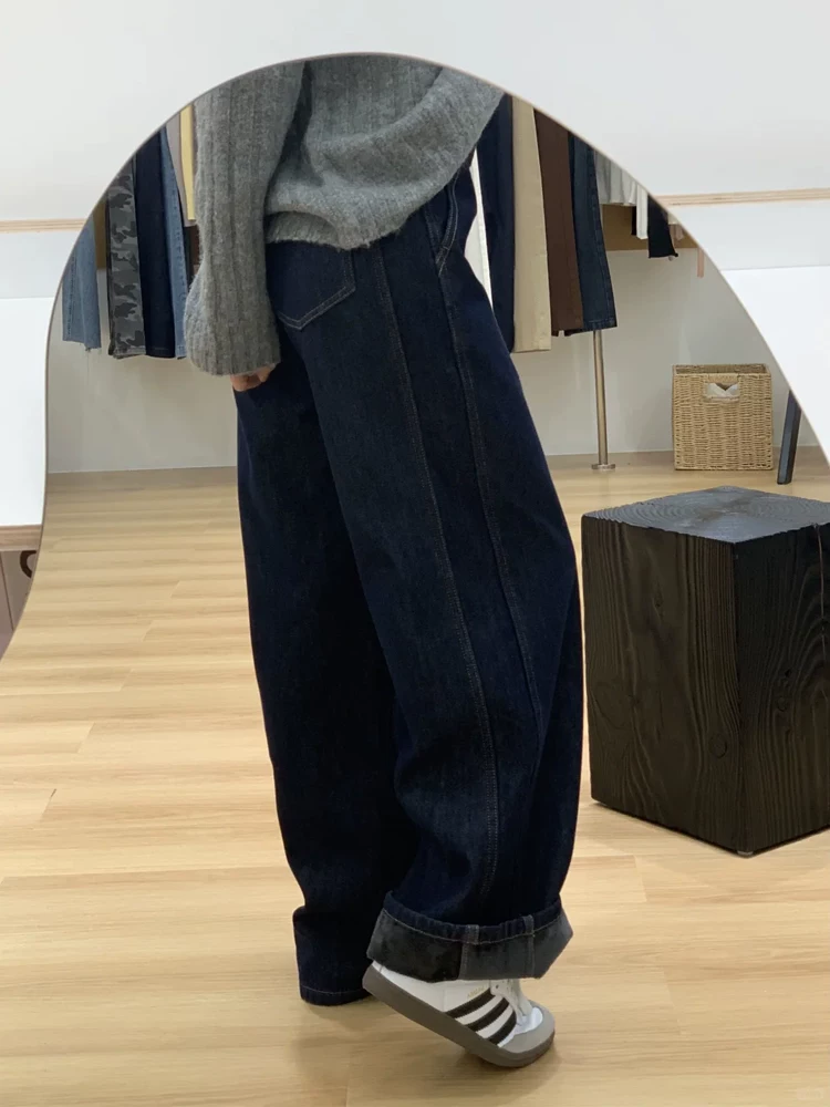 Quần jean ống đứng màu xanh đậm dành cho nữ, mùa thu đông, cỡ lớn, lót lông cừu, dày dặn, cạp cao, che hông, giảm béo, quần ống rộng hẹp.