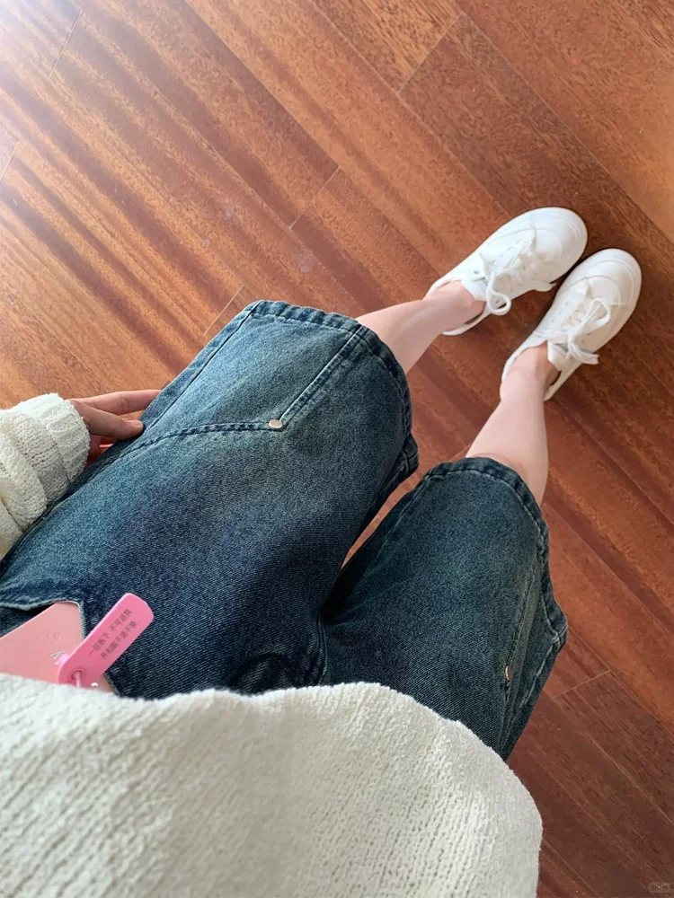 Quần short denim chữ A kiểu Mỹ màu xanh cổ điển dành cho nữ, cỡ lớn mùa hè, cạp cao, giảm béo, ống thẳng, quần short ống rộng dài vừa phải.