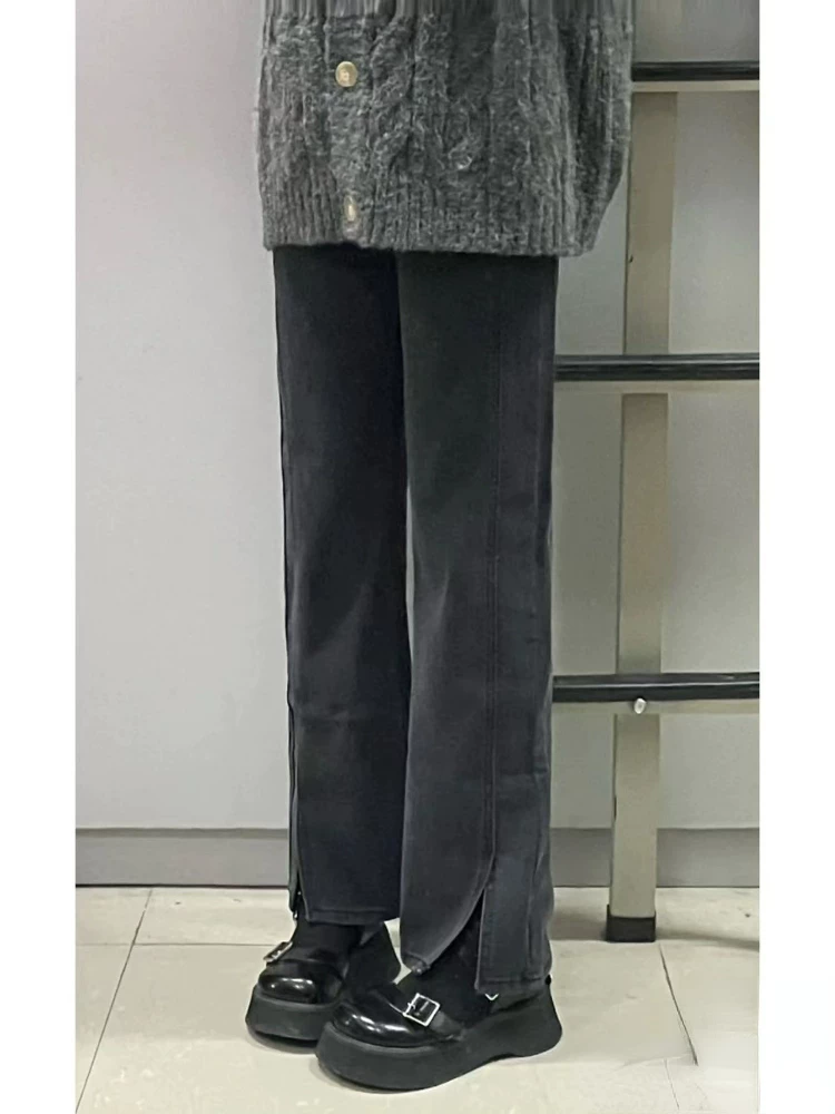 Quần jean ống đứng dáng lê dành cho nữ, cỡ lớn, phong cách đầu thu, lưng cao, che hông, dáng rộng, quần ống rộng giúp thon gọn