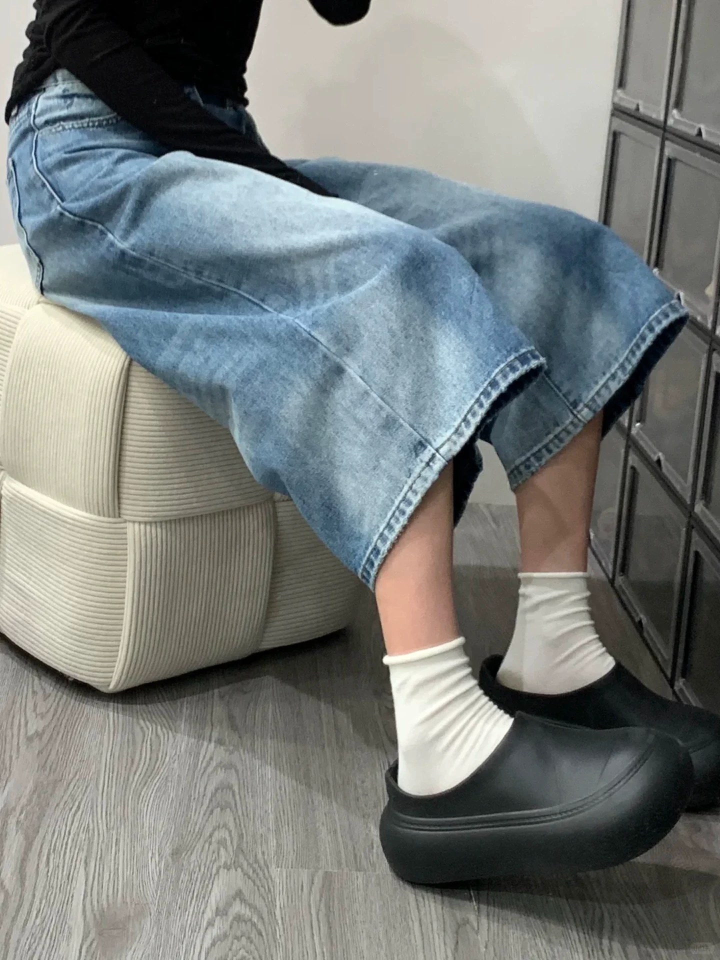 Quần denim crop kiểu cổ điển Mỹ dành cho nữ, cỡ lớn mùa hè, lưng cao, dáng rộng, tôn dáng, dáng quả lê, quần ống rộng dài tám phần.