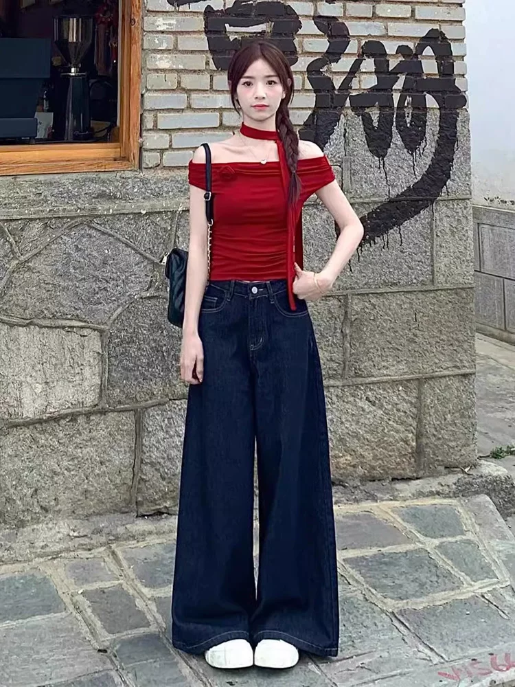 Quần jean ống rộng màu xanh đậm dành cho nữ, kiểu dáng mùa thu mới, cỡ lớn, lưng cao, dáng rộng, mềm mại, tôn dáng, ống thẳng, quần dài chạm sàn.