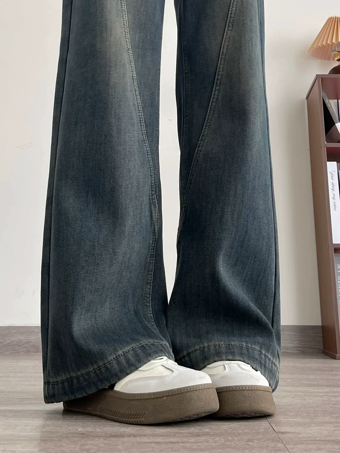 Quần jean ống đứng màu xám đất cổ điển dành cho nữ, phong cách mùa thu, cỡ lớn, lưng cao, dáng rộng, dáng thon gọn, ống rộng hẹp, quần dài đến sàn