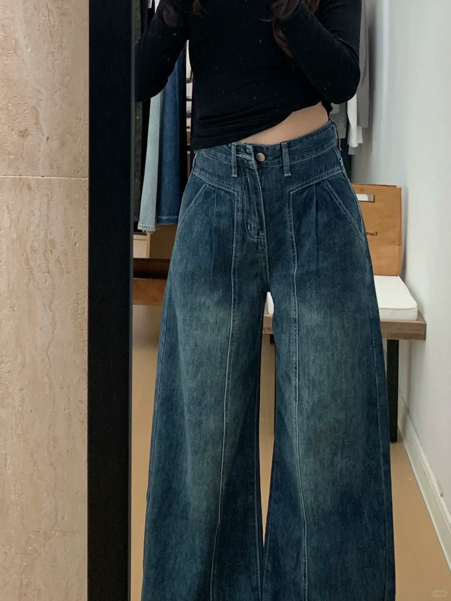 Quần jean ống rộng lưng cao màu xanh cổ điển dành cho nữ, mùa thu đông, cỡ lớn, lót lông cừu, dày dặn, rộng rãi, tôn dáng, ống thẳng, dài chạm sàn.