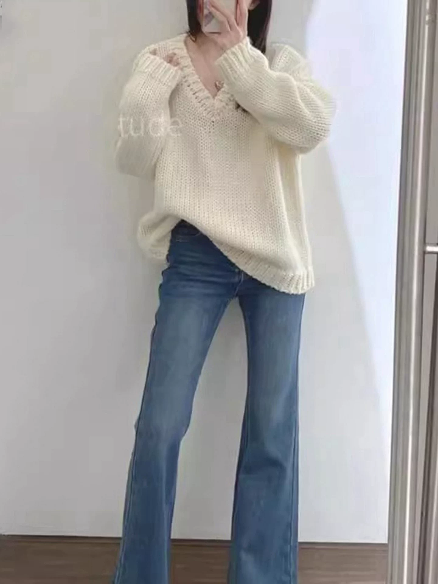 Quần jean xòe màu xanh đậm dành cho nữ, lót lông cừu mùa đông, cỡ lớn, cạp cao, co giãn, che hông, tôn dáng, nhỏ nhắn, quần ống chuông.