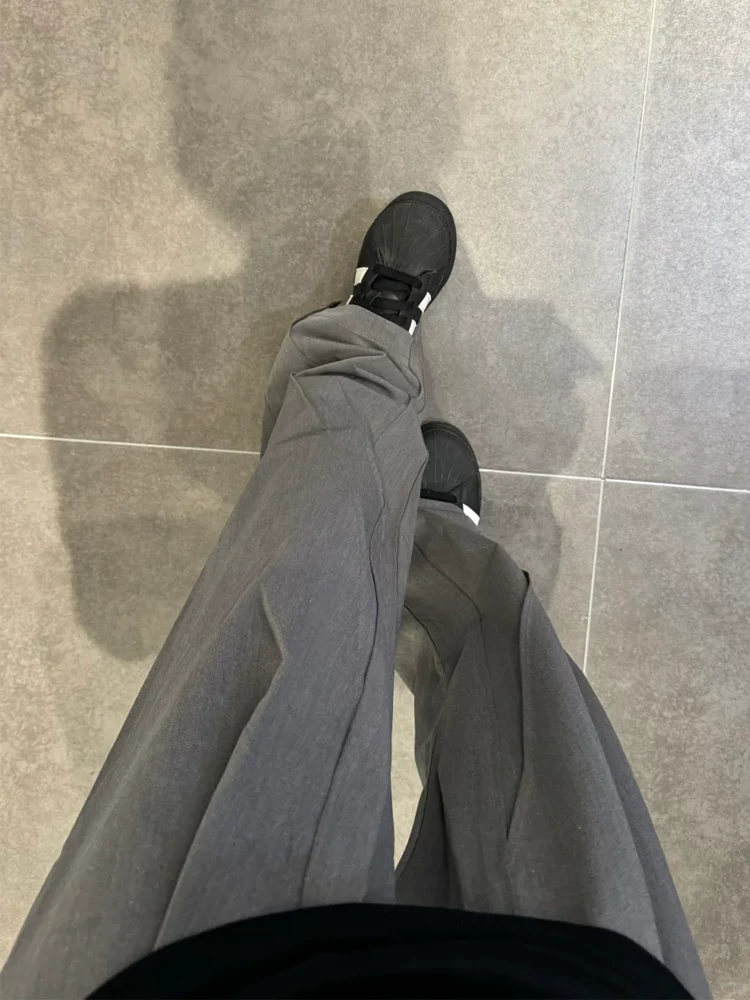 Quần âu màu xám dành cho nữ, kiểu dáng mùa xuân mới, cỡ lớn, lưng cao, tôn dáng, ống thẳng, ống rộng, dài chạm sàn