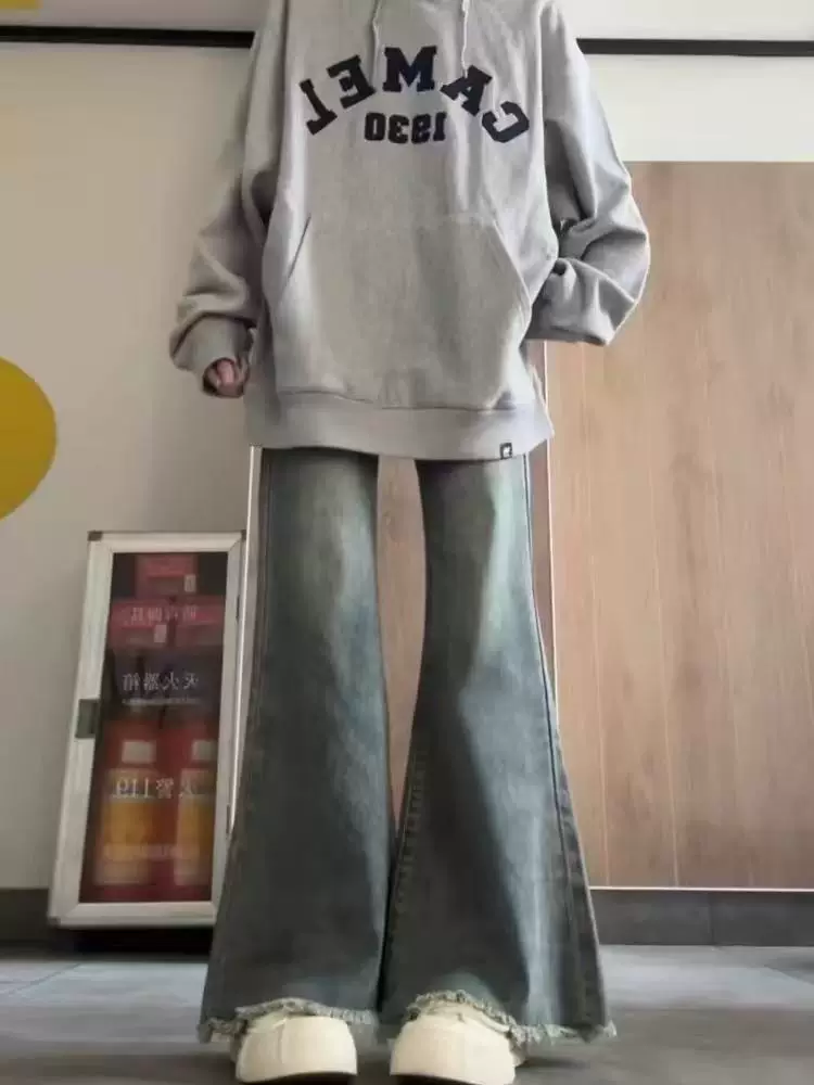 Quần jeans loe nữ, xuân 2025, size lớn, cạp cao, dáng rộng, che hông, tôn dáng, ống chuông, dài chạm sàn