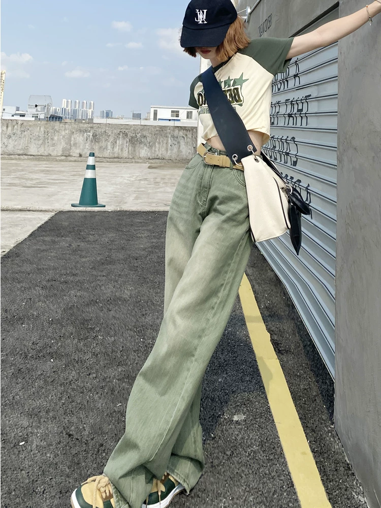 Thân hình quả lê, quần jean xanh cổ điển kiểu Mỹ, dành cho nữ cỡ lớn, lưng cao, dáng rộng, tôn dáng, ống rộng, quần dài chạm sàn