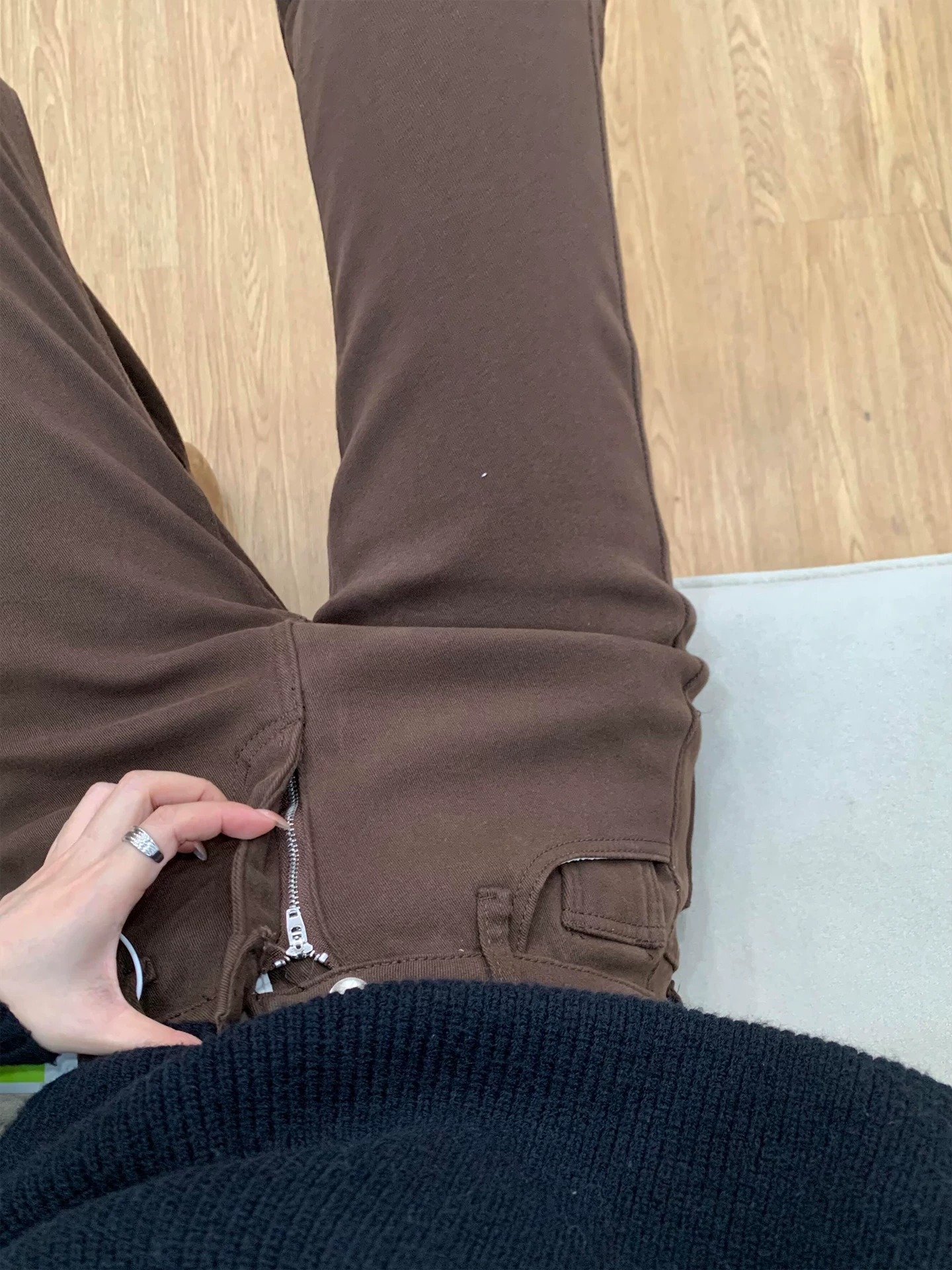 Quần jean ống loe màu nâu dành cho nữ, mùa thu đông, lót lông cừu, cỡ lớn, lưng cao, co giãn, giảm béo, dáng quả lê, quần ống chuông