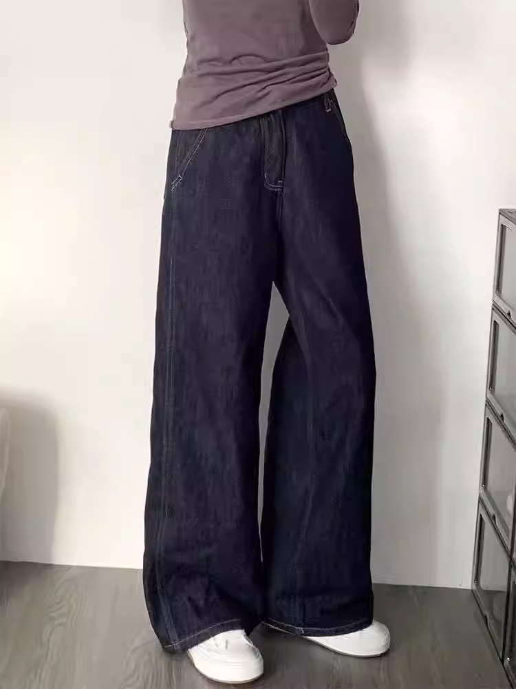 Quần jean ống thẳng dày lót lông màu xanh đậm dành cho nữ, mùa thu đông, cỡ lớn, lưng cao, dáng rộng, dáng suông, quần ống rộng hẹp.