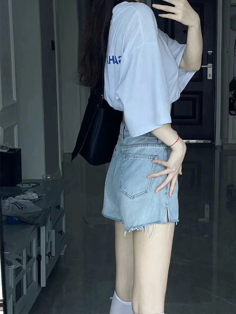 Quần short denim xẻ tà hình quả lê dành cho nữ, cỡ lớn mùa hè, lưng cao, dáng rộng, che hông, quần ống rộng chữ A tôn dáng