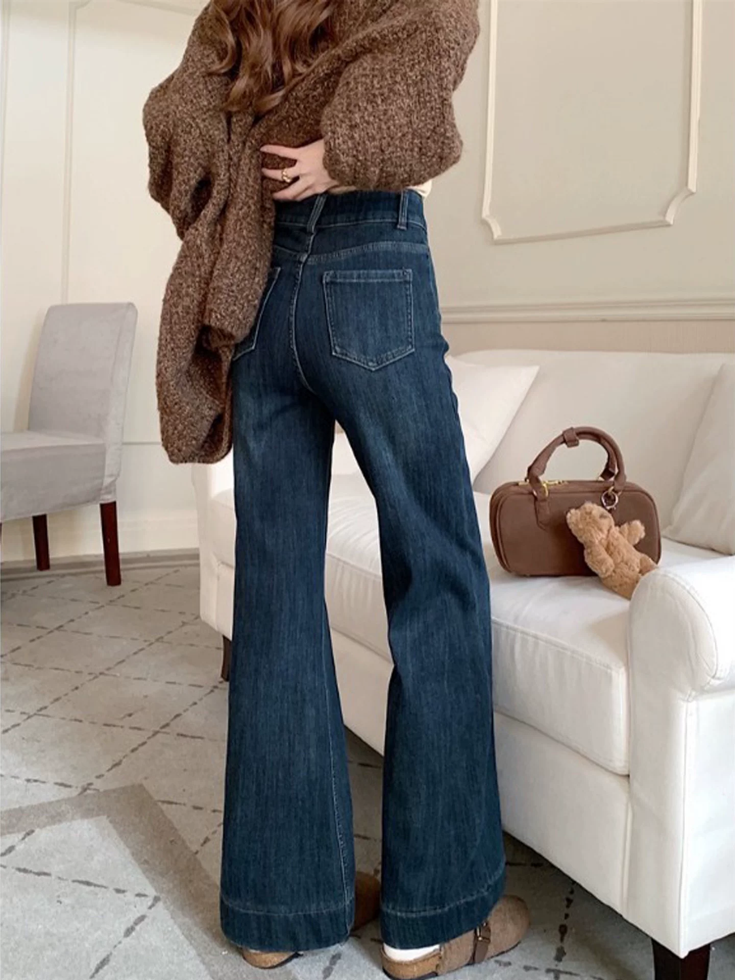 Quần jean ống loe dày lót lông cừu cổ điển dành cho nữ, mùa thu đông, cỡ lớn, lưng cao, co giãn, che hông, giảm béo, quần ống chuông