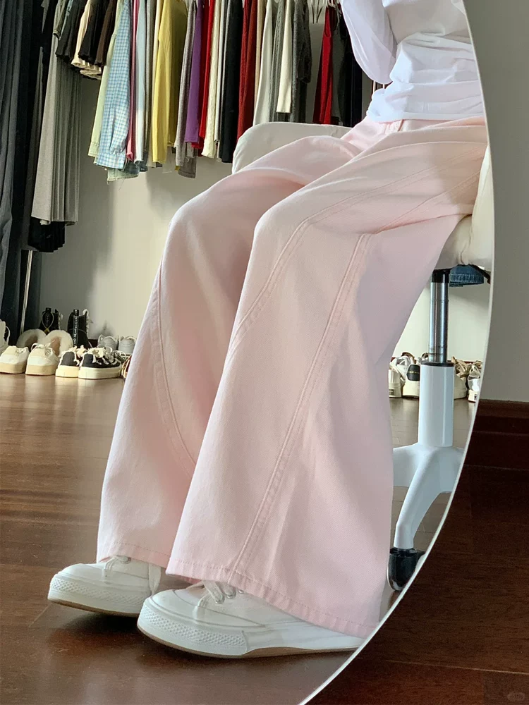 Quần jeans ống rộng màu hồng dành cho nữ mùa hè 2025, size lớn, cạp cao, dáng rộng, suôn mềm, tôn dáng, kiểu dáng thẳng