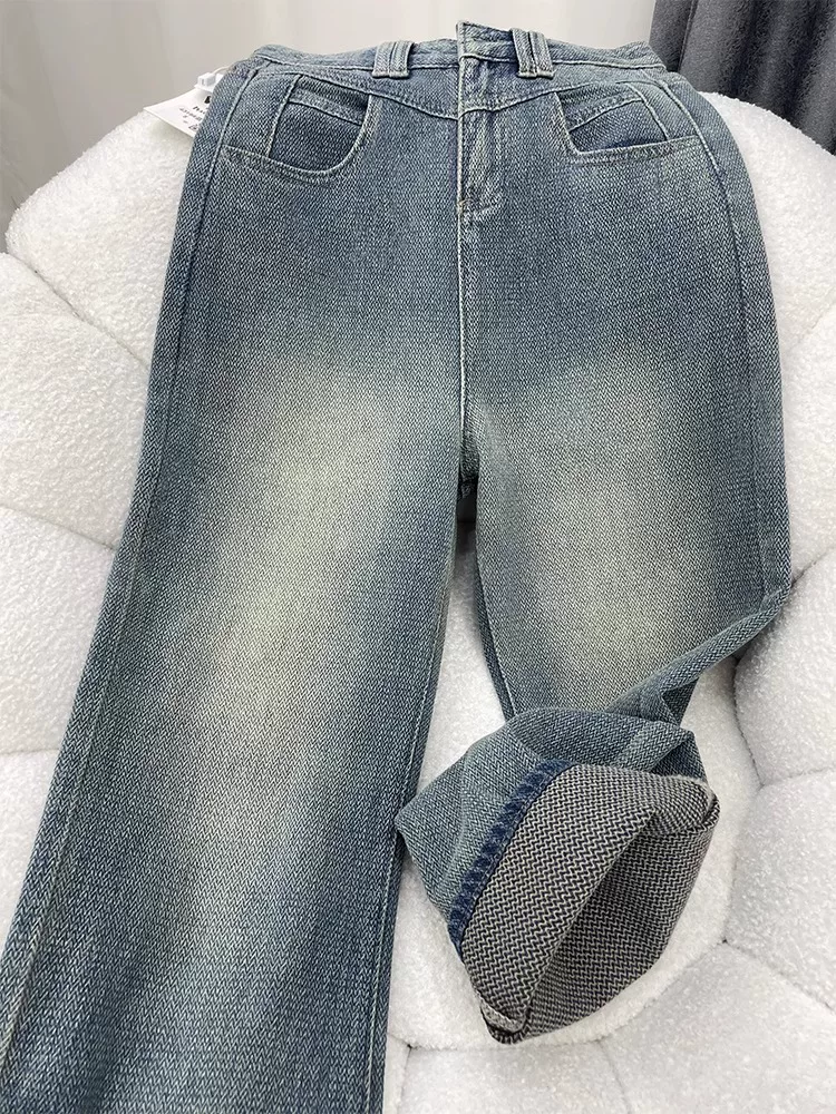 Quần jean ống thẳng họa tiết ngôi sao màu xanh cổ điển dành cho nữ, đầu thu, cỡ lớn, lưng cao, dáng rộng, che hông, giảm béo, quần ống rộng