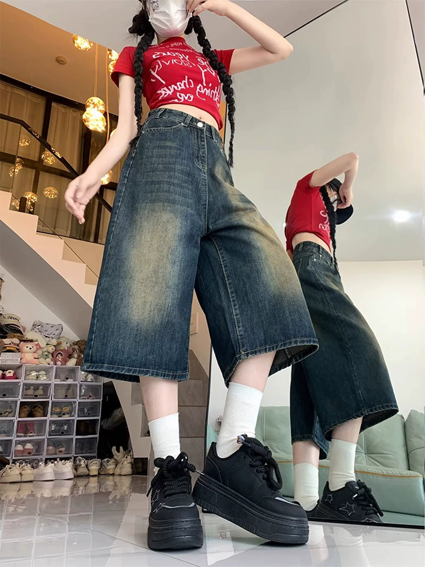 Quần jeans nữ vintage ống rộng, cạp cao, dáng rộng, tôn dáng, dành cho mùa hè 2025, size lớn, kiểu dáng dài ngang gối, dành cho người có thân hình quả lê