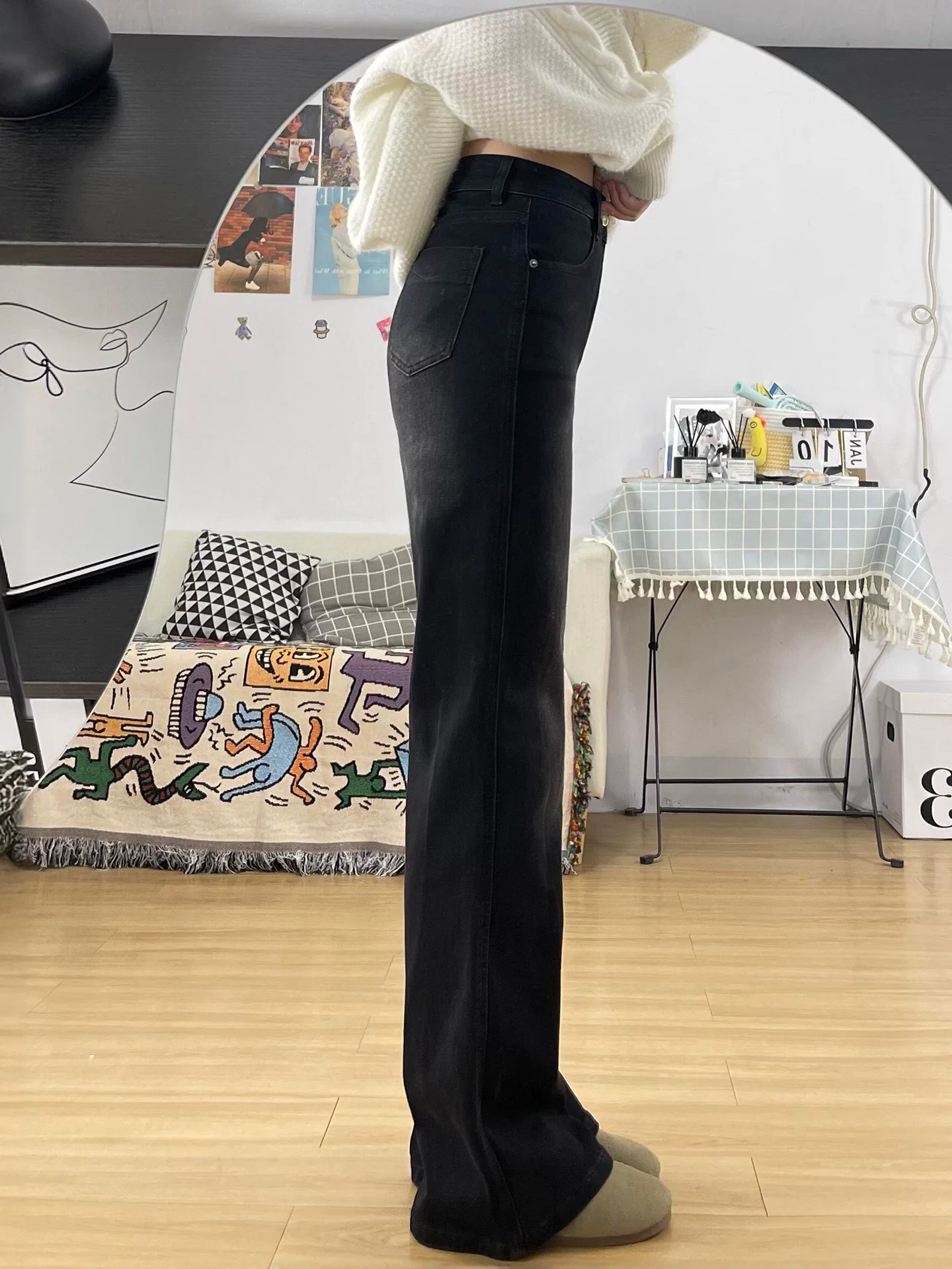 Quần jean ống loe dáng thẳng cổ điển dành cho nữ, kiểu dáng thu mới, size lớn, cạp cao, tôn dáng, quần dài ống loe hẹp