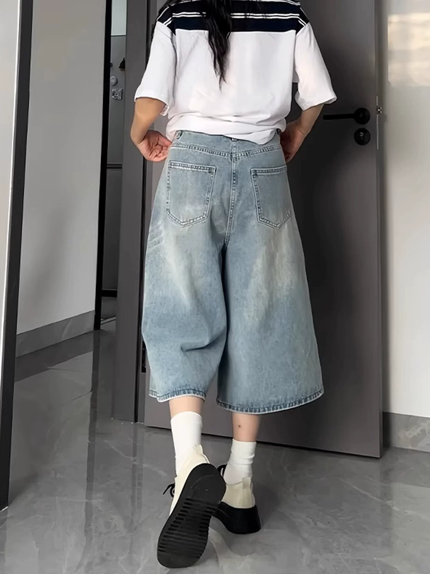 Quần jean ống rộng màu xanh nhạt dành cho nữ, size lớn mùa hè, cạp cao, dáng rộng, tôn dáng, quần dài vừa phải ống thẳng