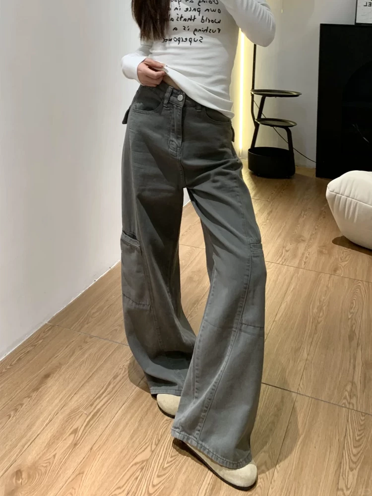 Quần jeans công sở màu xám đậm kiểu Mỹ dành cho nữ, xuân 2025, size lớn, cạp cao, dáng rộng, tôn dáng, ống thẳng, ống rộng