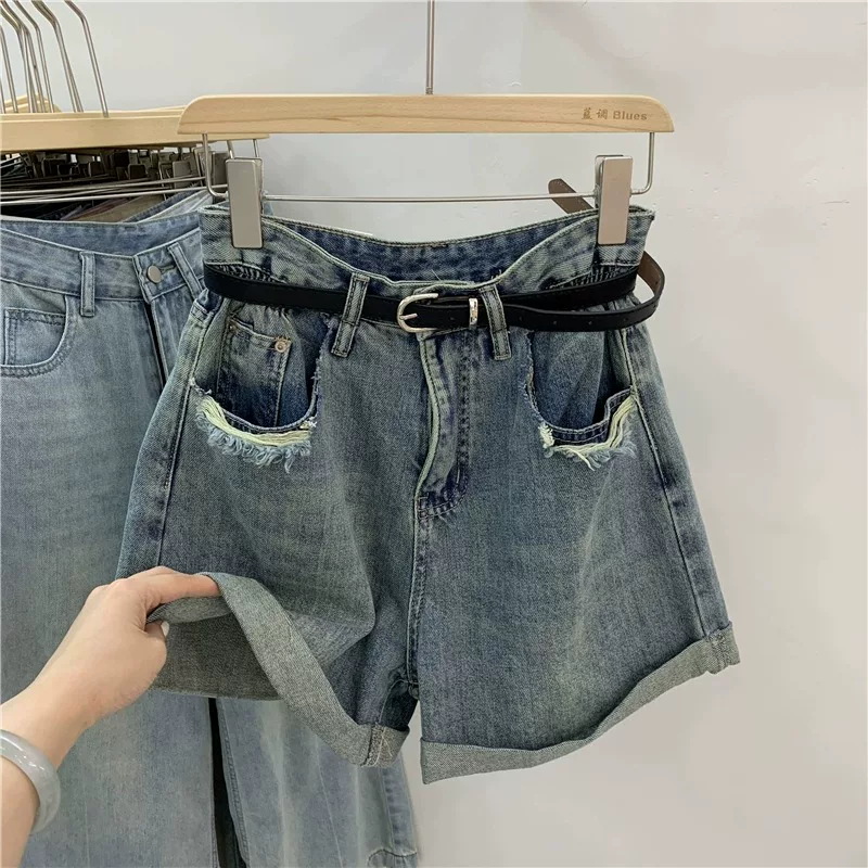 Quần short denim chữ A màu xanh cổ điển hình quả lê dành cho nữ, cỡ lớn mùa hè, lưng cao, dáng rộng, che hông, quần ống rộng, hợp thời trang.