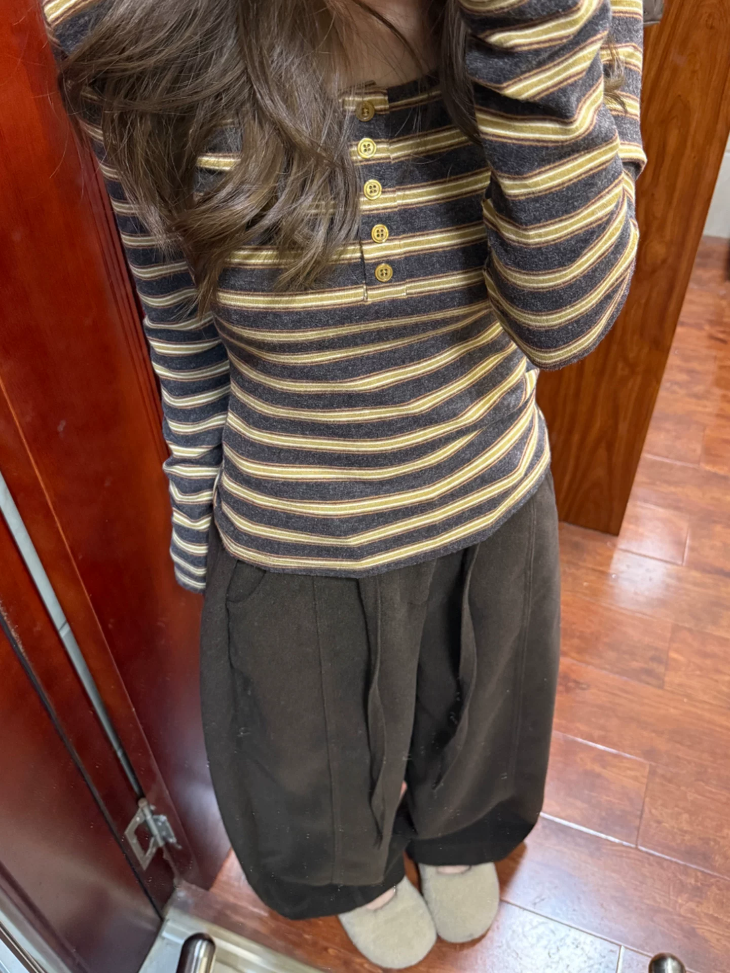 Quần âu kiểu scimitar bằng len màu nâu dành cho nữ, mùa thu đông, lót lông cừu, cỡ lớn, lưng cao, giảm béo, dáng rộng, quần ống rộng.