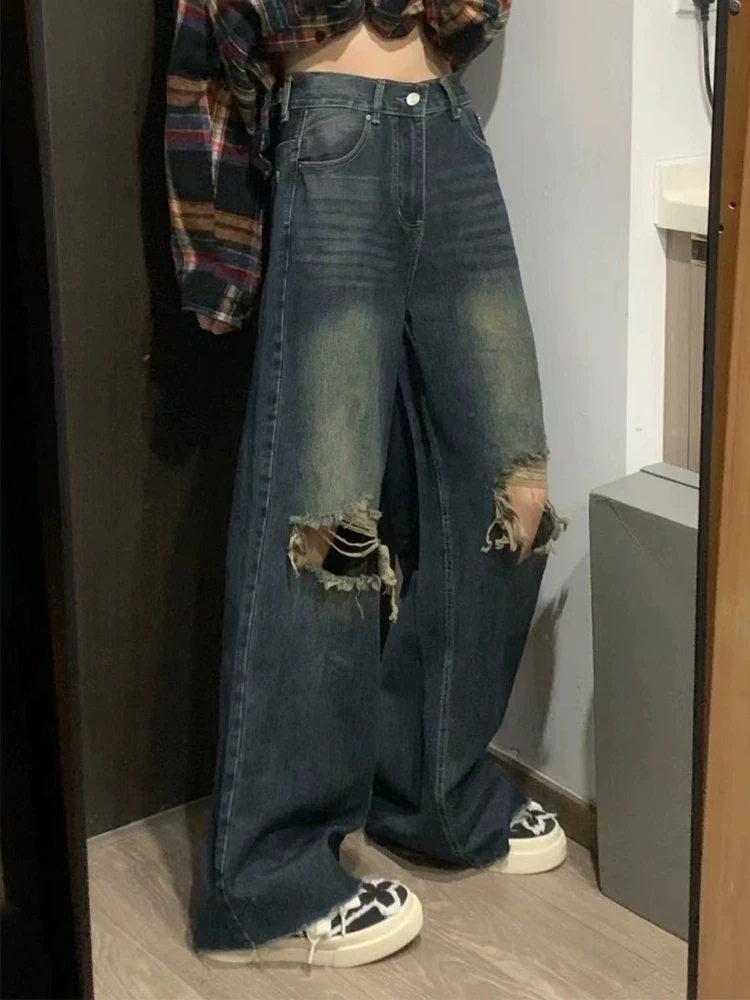 Quần jean ống thẳng rách kiểu Mỹ cổ điển dành cho nữ, phong cách mùa xuân mới, cỡ lớn, lưng cao, dáng rộng, tôn dáng, ống rộng, quần dài chạm sàn