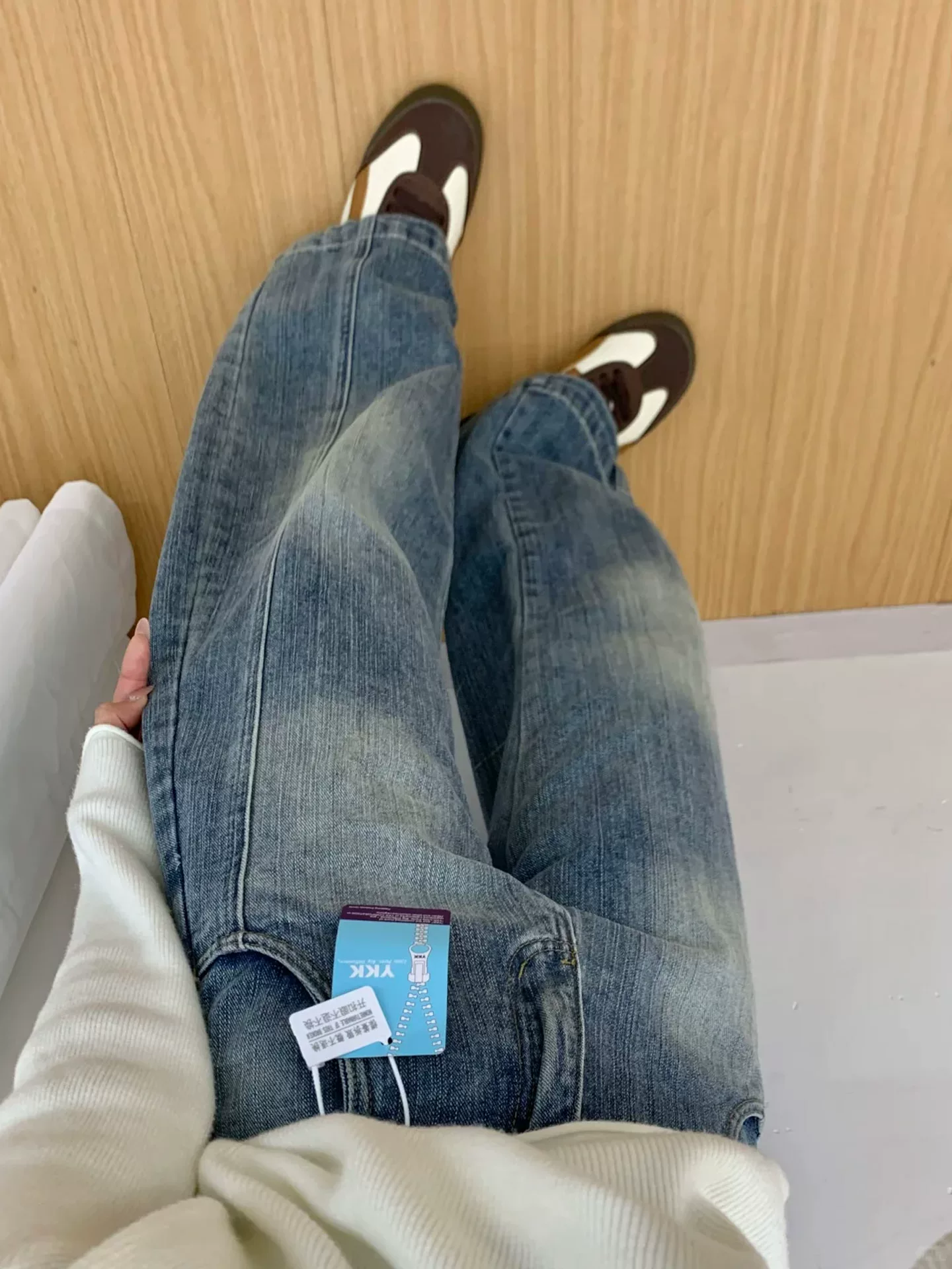 Quần jean cổ điển kiểu Mỹ dành cho nữ, phong cách mùa thu mới, cỡ lớn, lưng cao, giảm béo, kiểu dáng hẹp, quần ống rộng hình kiếm