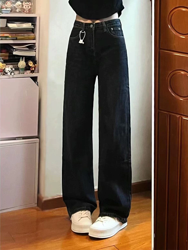 Quần jean ống thẳng dáng quả lê dành cho nữ, cỡ lớn, phong cách mới đầu thu, lưng cao, dáng rộng, dáng suông, quần dài đến sàn