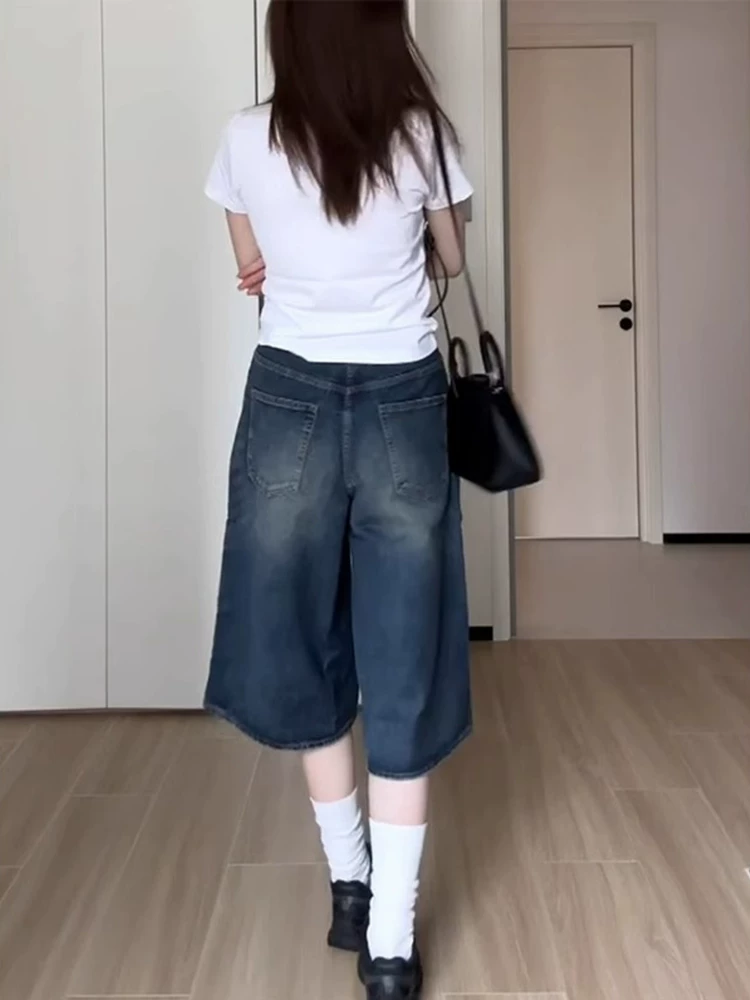 Quần short denim kiểu cổ điển Mỹ dành cho nữ, quần ống rộng dáng rộng cạp cao, kiểu dáng rộng, tôn dáng, mới mùa hè, size lớn