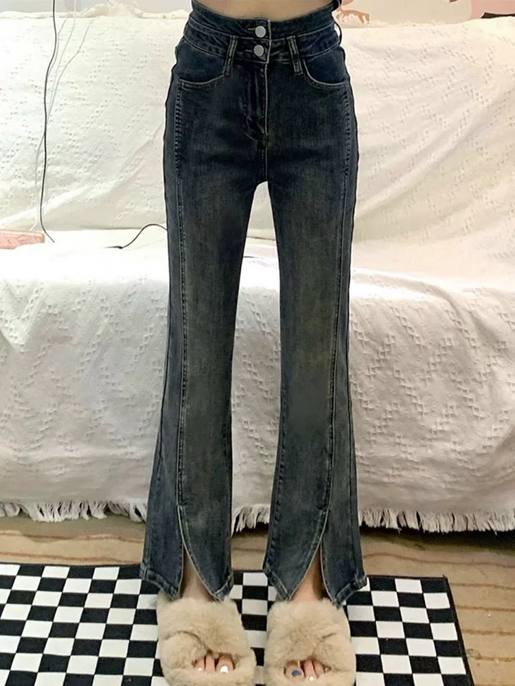 Quần jean dáng chuông dành cho nữ, phong cách đầu thu, cỡ lớn, lưng cao, co giãn, che hông, giảm béo, quần ống loe ngắn