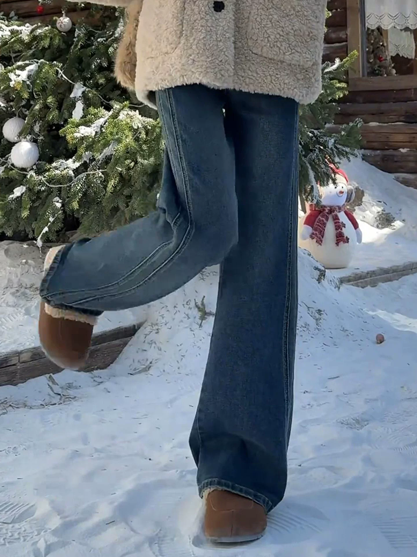 Quần jean ống rộng lót lông màu xanh cổ điển dành cho nữ, mùa thu đông, cỡ lớn, lưng cao, che hông, giảm béo, dáng quả lê, quần dài đến sàn