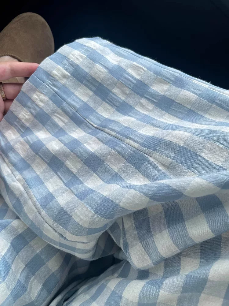 Quần Cloud quần thường ngày dành cho nữ, cỡ lớn mùa hè, quần kẻ sọc xanh dành cho phụ nữ nhỏ nhắn, quần cạp cao, quần ống rộng, quần ống rộng.