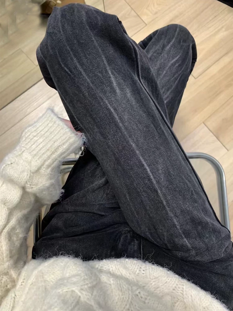 Quần jean ống đứng dành cho nữ, kiểu thu đông, lót lông cừu, cỡ lớn, màu đen và xám, không bó sát ở chân, cạp cao, quần ống loe che hông.