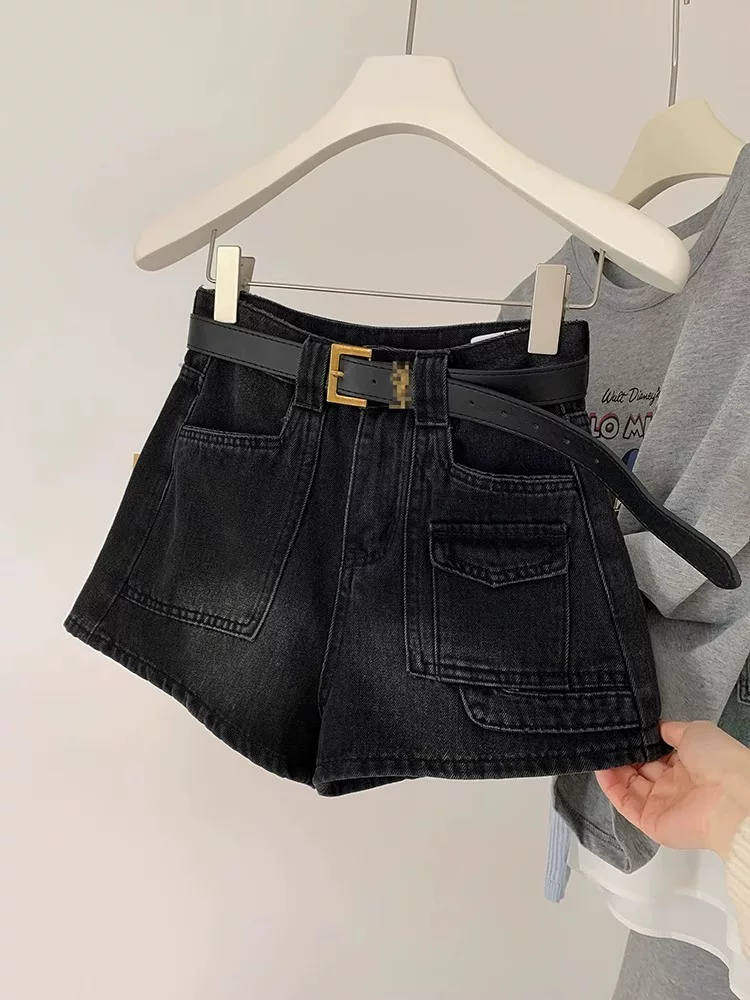 Quần short denim nữ cho mùa hè, kiểu dáng mỏng, cỡ lớn, được thiết kế dành cho phụ nữ có đường cong, lưng cao, dáng rộng, che hông, giảm béo, quần ống rộng chữ A.