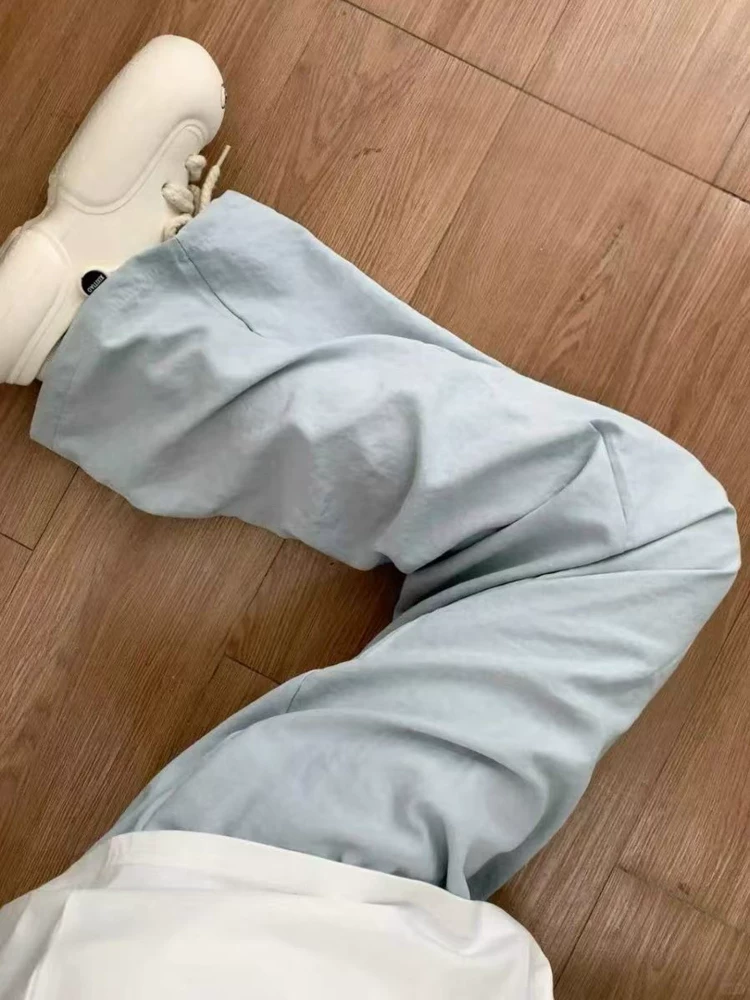 Quần Yamamoto bằng lụa sữa màu xanh lam dành cho nữ, kiểu dáng mỏng mùa hè, cỡ lớn, lưng cao, dáng rộng, mềm mại, tôn dáng, quần ống rộng thông thường bằng vải lụa băng.