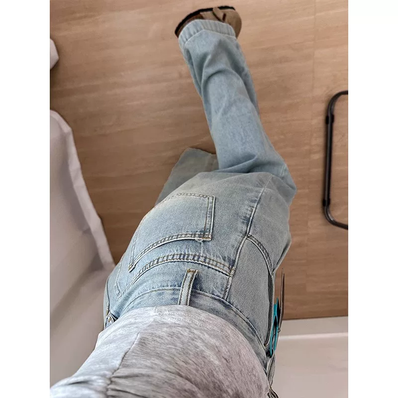 Quần jean ống đứng màu xanh nhạt dành cho nữ, mùa thu, cỡ lớn, lưng cao, dáng rộng, tôn dáng, dáng quả lê, quần ống rộng, dài chạm sàn