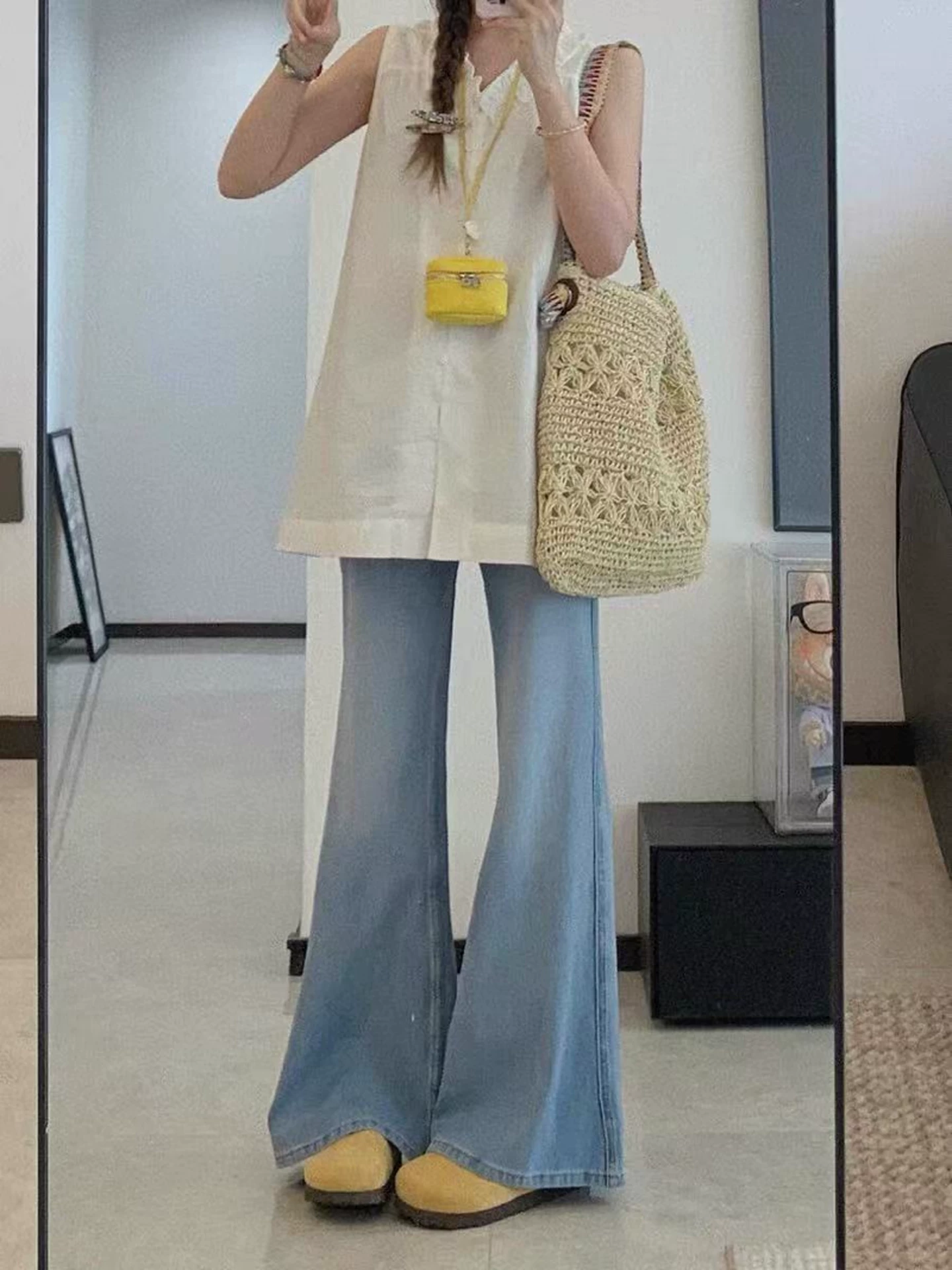 Quần jean Tencel màu sáng dành cho nữ, kiểu dáng mỏng mùa hè, cỡ lớn, lưng cao, tôn dáng, không bó sát, quần ống chuông bằng vải lụa băng