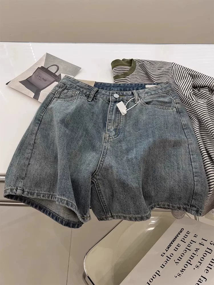Quần short denim màu xanh cổ điển hình quả lê dành cho nữ, kiểu dáng mỏng mùa hè, cỡ lớn, lưng cao, dáng rộng, quần ống rộng chữ A giúp giảm béo