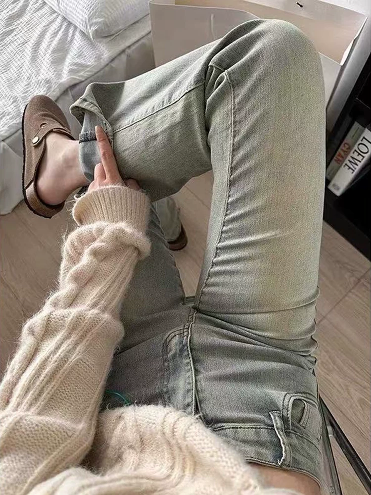 Quần jean bootcut cổ điển dành cho nữ, phong cách đầu xuân, cỡ lớn, lưng cao, co giãn, giảm béo, dáng quả lê, quần ống loe hình móng ngựa