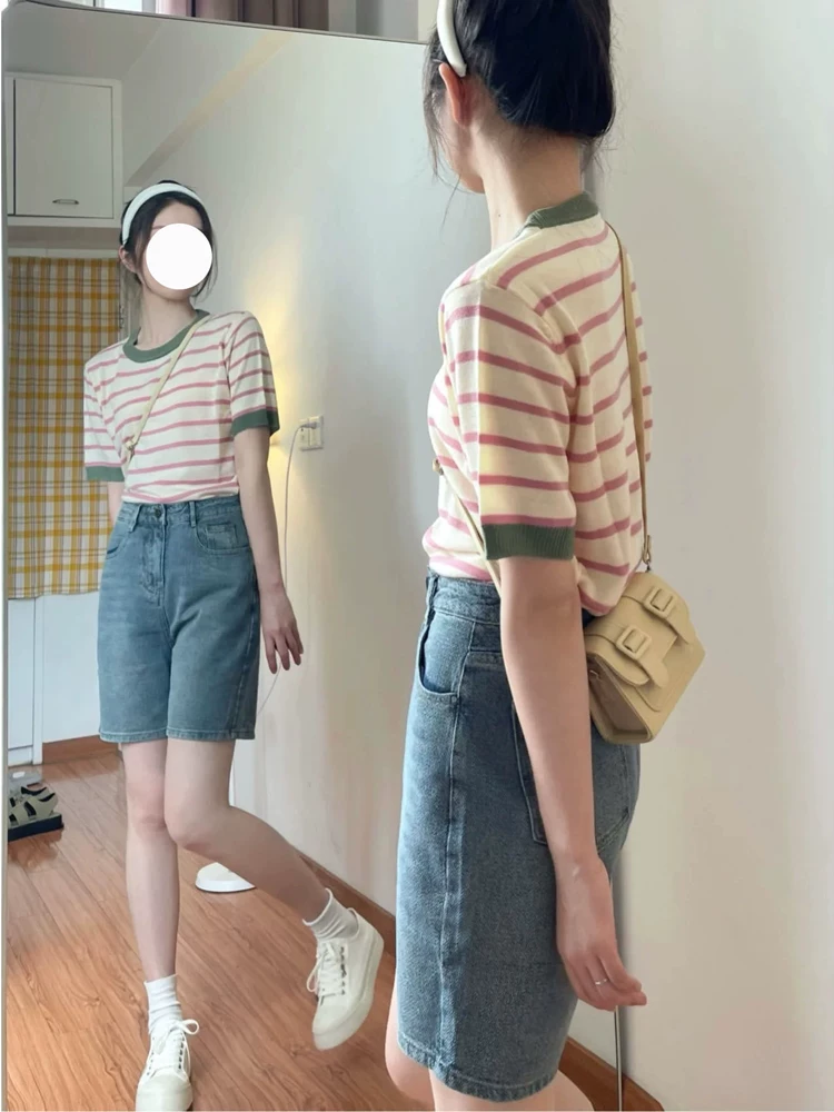 Quần short denim dáng thẳng hình quả lê dành cho nữ, cỡ lớn mùa hè, cạp cao, che hông, quần short dài vừa phải dáng chữ A, dáng rộng, tôn dáng.