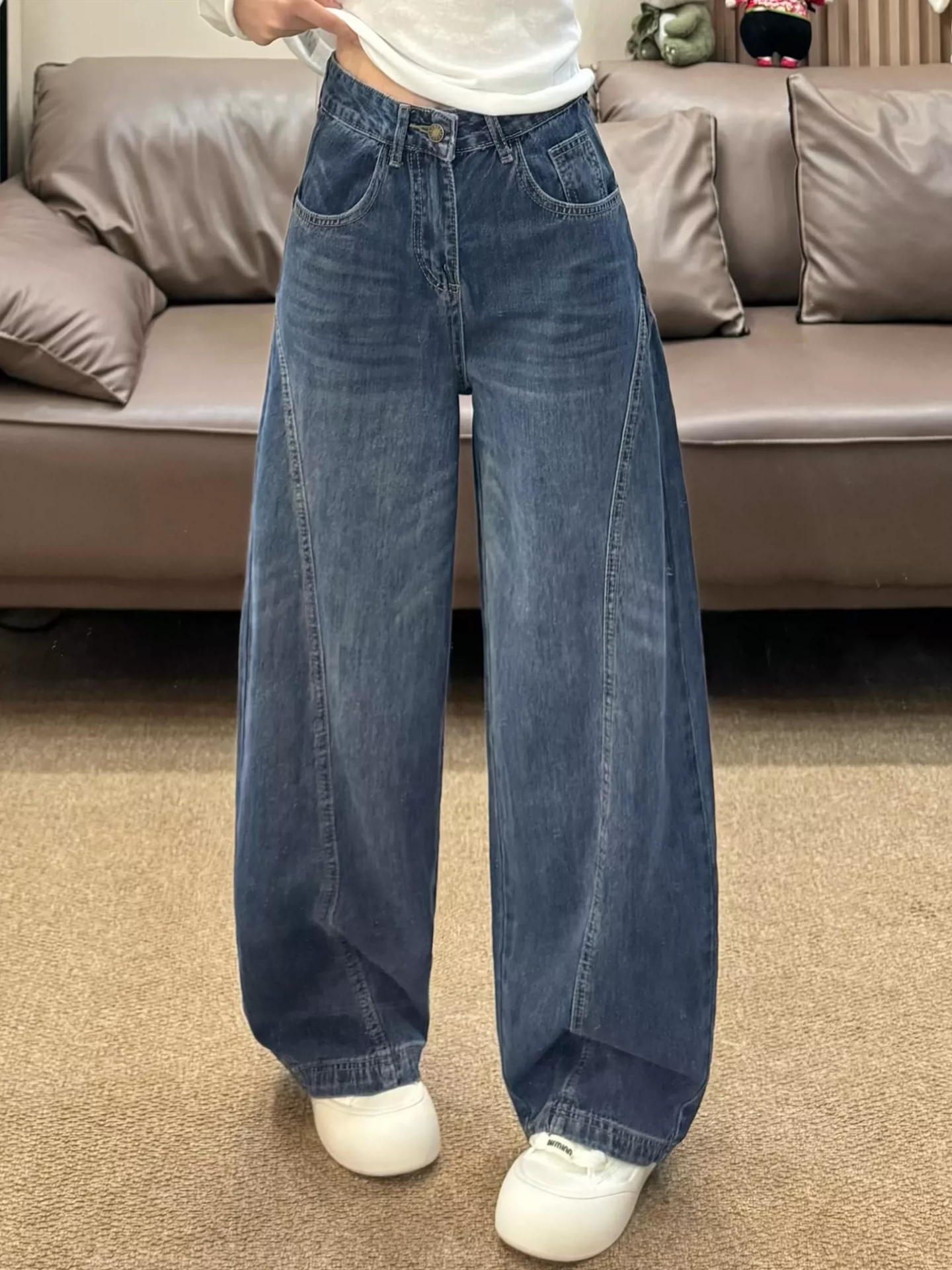 Quần jean scimitar cổ điển dành cho nữ, phong cách mùa thu mới, cỡ lớn, lưng cao, dáng rộng, giảm béo, quần ống rộng hình liềm