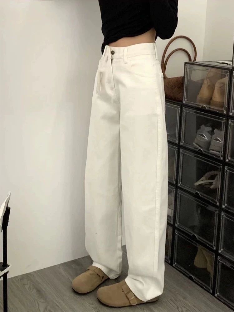 Quần jeans trắng ống đứng nữ thu đông 2024 lót lông dày dặn, size lớn, cạp cao, dáng rộng, tôn dáng