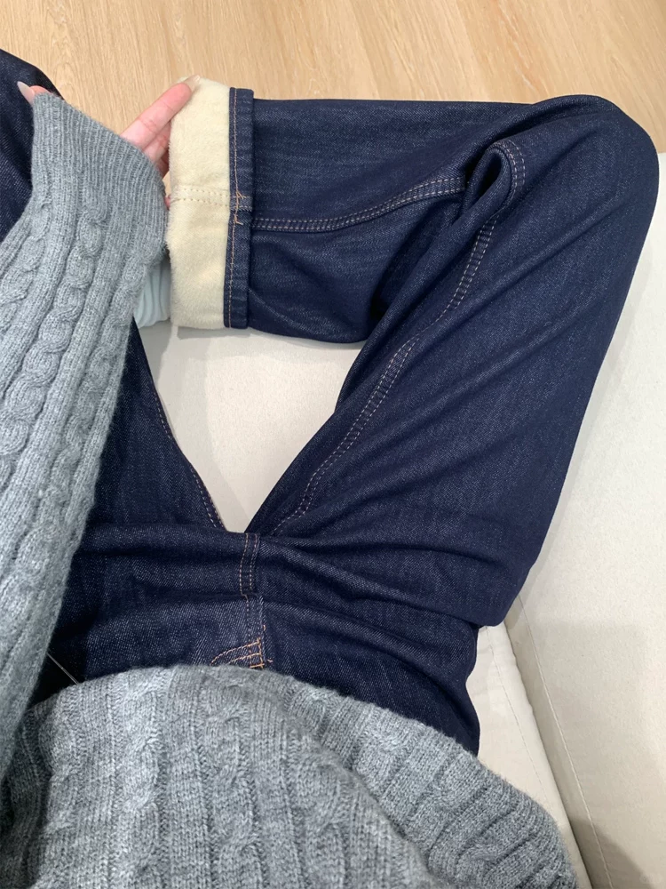 Quần jean ống đứng màu xanh đậm dành cho nữ, mùa thu đông, cỡ lớn, lót lông cừu, lưng cao, dáng rộng, dáng suông, ống rộng, quần dài chạm sàn.