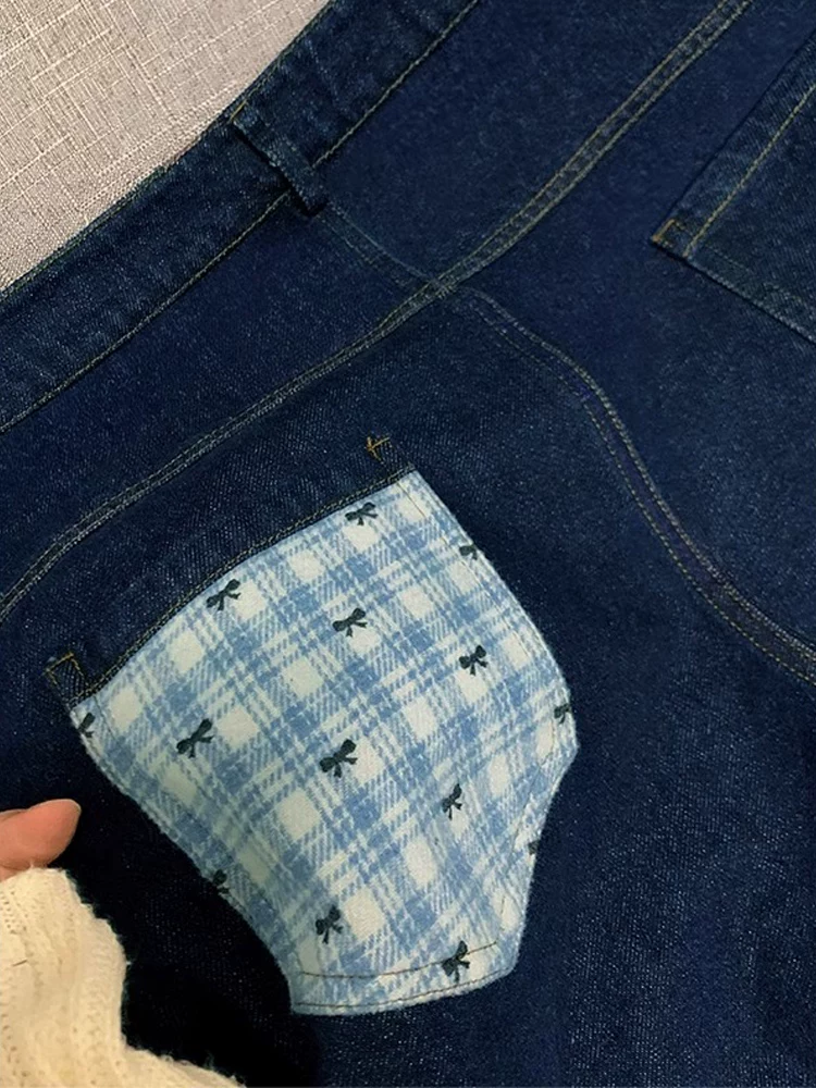 Quần jean chắp vá kiểu Mỹ dành cho nữ, mùa thu đông, cỡ lớn, mùa xuân, lưng cao, dáng rộng, giảm béo, quần ống thẳng, quần ống rộng